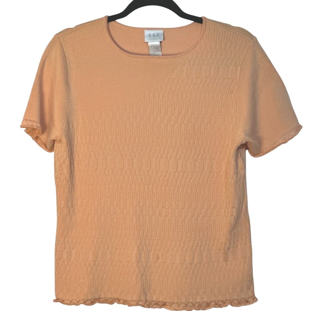 CLC Textured Knit Top Peach Short Sleeve Crew Neck Scalloped Hem Cuffs Casual M